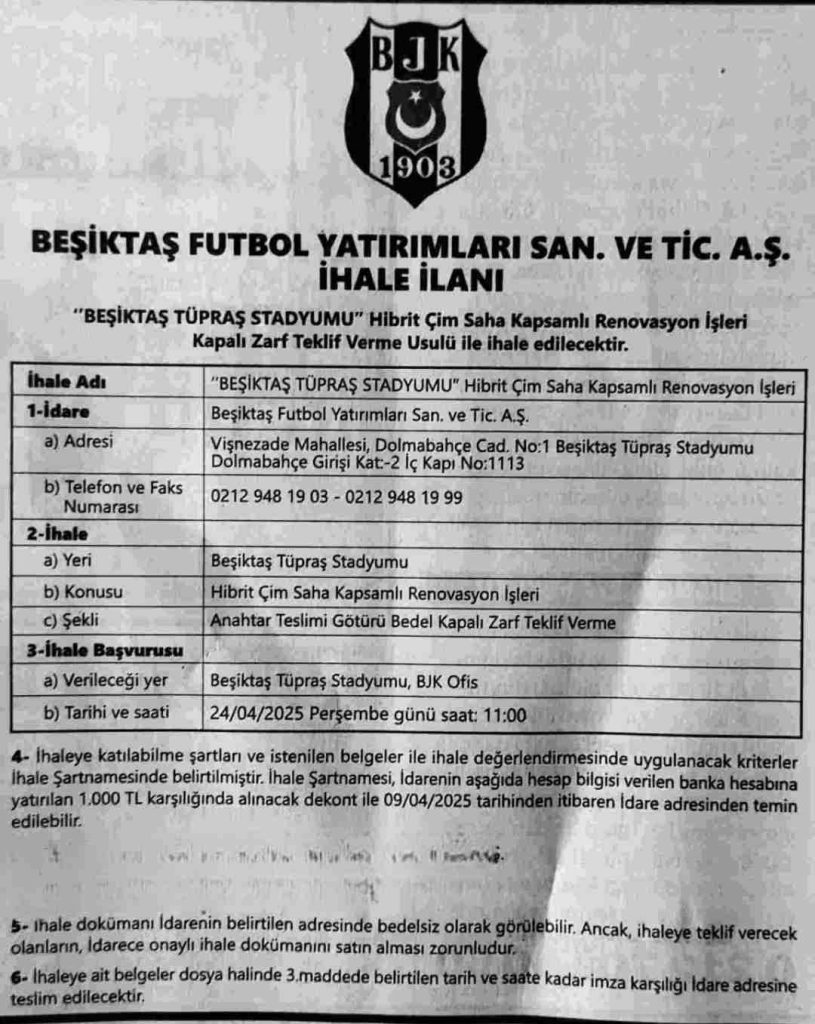 Tüpraş Stadyumu’nda Çim Devrimi: Beşiktaş Hibrit Sistemle Yenileniyor