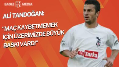 Ali Tandoğan'ın Beşiktaş dönemine ait formasıyla yer aldığı görsel; turuncu arka plan üzerinde “Maç kaybetmemek için üzerimizde büyük baskı vardı” ifadesi ve Eagle Media logosu yer almakta.