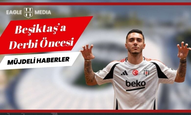 Beşiktaş formasıyla poz veren Emirhan Topçu, arka planda "Beşiktaş’a Derbi Öncesi Müjdeli Haberler" yazısı ve flu bir Beşiktaş stadyumu görseli bulunuyor.
