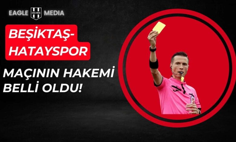 Sarı kart gösteren hakem görseli, arka planda kırmızı daireyle vurgulanmış şekilde sunuluyor. Görsel, Beşiktaş-Hatayspor maçının hakeminin Adnan Deniz Kayatepe olarak açıklanmasıyla ilgili haberi temsil ediyor.