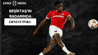 Kırmızı AZ Alkmaar formasıyla şut atan Ernest Poku, siyah arka plan önünde aksiyon halinde görülüyor. Üstte “Beşiktaş’ın Radarında Ernest Poku” başlığı ve sol üstte Eagle Media logosu yer alıyor.