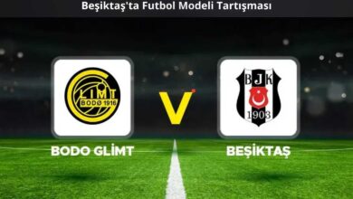 Beşiktaş ile Norveç kulübü Bodo/Glimt’in logolarının karşı karşıya geldiği yeşil saha temalı görsel; üst kısımda “Beşiktaş’ta Futbol Modeli Tartışması” başlığı yer almakta.