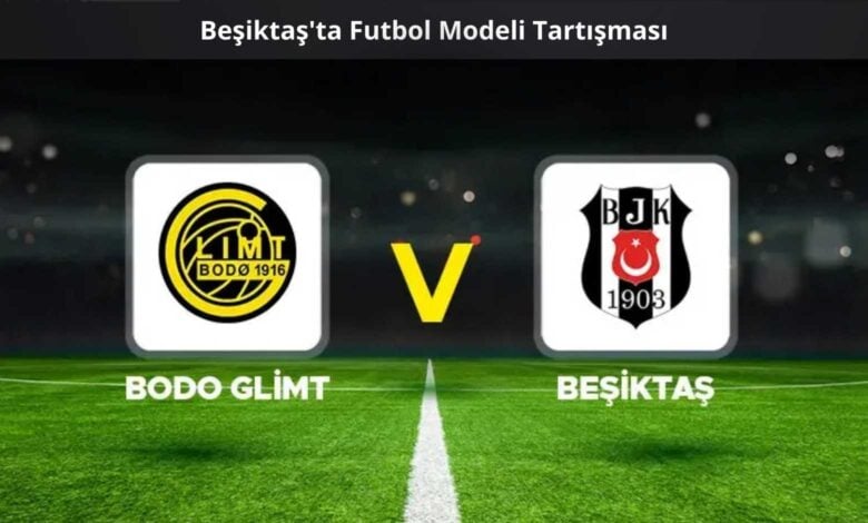 Beşiktaş ile Norveç kulübü Bodo/Glimt’in logolarının karşı karşıya geldiği yeşil saha temalı görsel; üst kısımda “Beşiktaş’ta Futbol Modeli Tartışması” başlığı yer almakta.