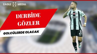 Beşiktaş formasıyla gol sevinci yaşayan Ciro Immobile, sahada elini öperek taraftara selam gönderiyor. Arka planda flu stadyum görüntüsü yer alırken, üstte “Derbide Gözler Golcülerde Olacak” başlığı ve Eagle Media logosu dikkat çekiyor.