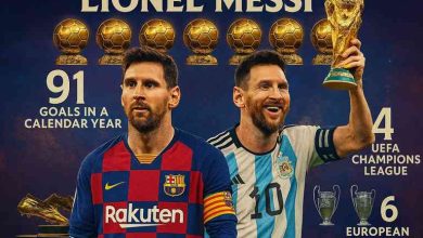 Lionel Messi, bir yanda Barcelona formasıyla, diğer yanda Arjantin milli takımı formasıyla poz veriyor. Arka planda 8 Ballon d'Or ödülü, Dünya Kupası kupası, 4 UEFA Şampiyonlar Ligi kupası, 6 Avrupa Altın Ayakkabı ödülü ve 91 gollük takvim yılı rekoru yer alıyor.