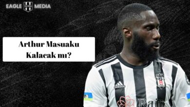 Beşiktaş formasıyla görülen Arthur Masuaku, sağa doğru bakarken arka planda siyah dokulu bir zemin yer alıyor. Görselin sol üst köşesinde Eagle Media logosu, ortasında ise “Arthur Masuaku Kalacak mı?” başlığı dikkat çekiyor.