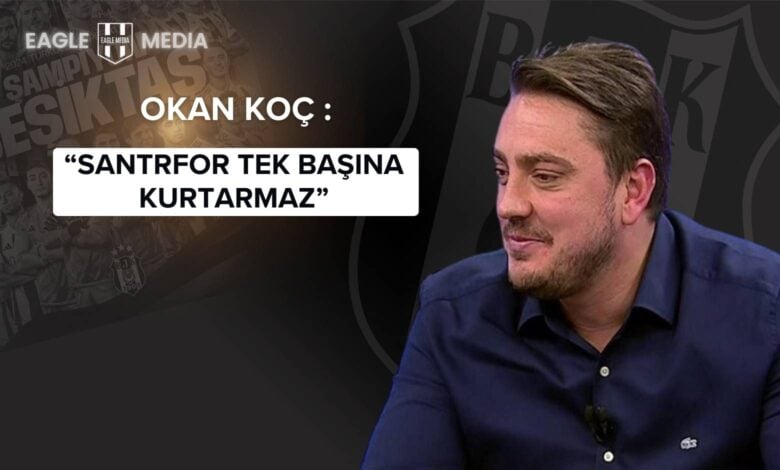 Okan Koç, A Spor'da Beşiktaş’ın transfer gündemini değerlendirirken konuşurken görülüyor. Arka planda Beşiktaş temalı görsel yer alırken, “Santrfor tek başına kurtarmaz” ifadesi öne çıkarılmış.