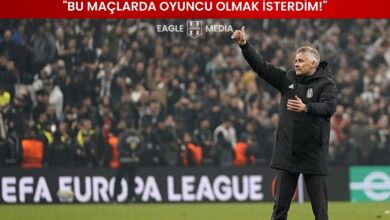 Beşiktaş Teknik Direktörü Ole Gunnar Solskjær, Vodafone Park’ta oynanan bir maç sonrası tribünlere selam verirken; üstte "Bu maçlarda oyuncu olmak isterdim!" ifadesi ve Eagle Media logosu yer almakta.