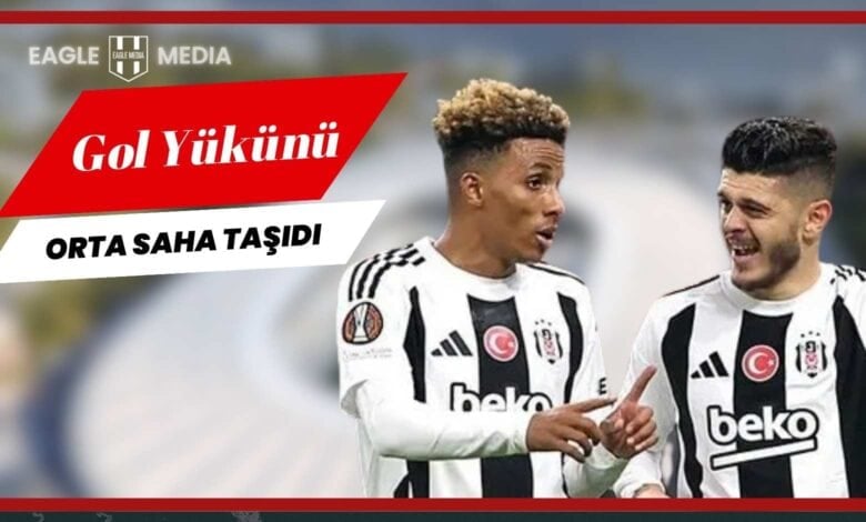 Beşiktaşlı futbolcular Gedson Fernandes ve Milot Rashica, siyah-beyaz formalarıyla saha içinde sevinç yaşarken; üst bölümde "Gol Yükünü Orta Saha Taşıdı" yazısı yer alıyor.