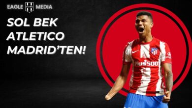 Atletico Madrid forması giyen Reinildo Mandava'nın transfer haberiyle ilgili görsel; siyah arka plan üzerinde Mandava’nın kutlama anı, sol üstte “Sol bek Atletico Madrid’ten!” yazısı ve Eagle Media logosu yer almakta.