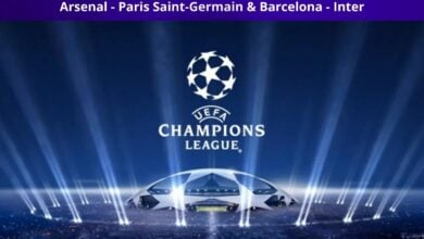 UEFA Şampiyonlar Ligi 2024/25 sezonu yarı final eşleşmeleri: Arsenal - Paris Saint-Germain ve Barcelona - Inter maçları için hazırlanmış resmi UEFA Champions League temalı görsel.