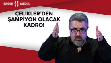 Siyah gömlek giymiş Serdar Ali Çelikler, iki eliyle kadro genişliğini anlatırken ekrana bakıyor. Üstte “Çelikler’den Şampiyon Olacak Kadro!” başlığı, arka planda kırmızı-beyaz Eagle Media tasarımı yer alıyor.