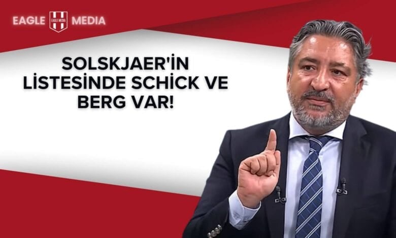 Serdar Sarıdağ, Beşiktaş'ın transfer çalışmaları hakkında yorum yaparken; arka planda kırmızı-beyaz zemin ve "Solskjaer'in Listesinde Schick ve Berg Var!" yazısı.