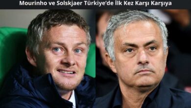 Solda Ole Gunnar Solskjaer, sağda Jose Mourinho’nun yer aldığı ikiye bölünmüş bir görsel. Üstte “Mourinho ve Solskjaer Türkiye’de İlk Kez Karşı Karşıya” başlığı yer alıyor. Arka plan koyu renkli, teknik adamların yüz ifadeleri ciddi.