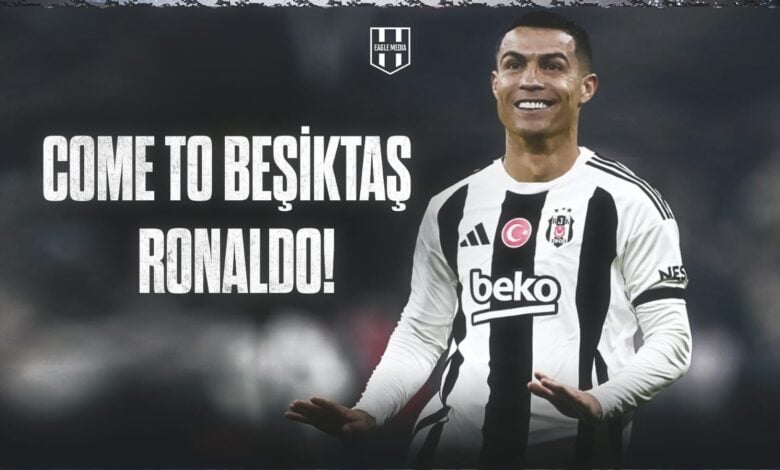 Cristiano Ronaldo’nun Beşiktaş formasıyla düzenlenmiş görseli, sosyal medyada taraftarların “Come to Beşiktaş” kampanyasını temsil ediyor.