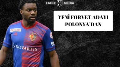 FC Basel formasıyla Afimico Pululu kadrajda, sağ üstte “Yeni Forvet Adayı Polonya’dan” yazısı ve üst merkezde Eagle Media logosu yer alıyor.