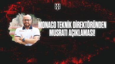Monaco Genel Direktörü Thiago Scuro, gülümsediği bir karede kolunu bağlamış şekilde görülüyor. Arka planda koyu kırmızı-siyah tonlarında Eagle Media logosu ve “Monaco Teknik Direktöründen Musrati Açıklaması!” yazısı yer alıyor. Görsel, Al-Musrati’nin Monaco kariyerinin sona erdiğine dair yapılan resmi açıklamayı simgeliyor.
