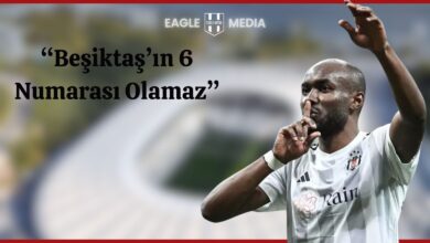 Beşiktaş formasıyla Al Musrati, gol sevincinde sus işareti yaparken; arka planda Vodafone Park ve “Beşiktaş’ın 6 Numarası Olamaz” yazısı yer alıyor.
