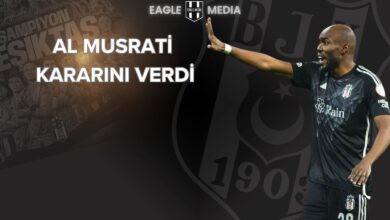 Beşiktaş formasıyla Al Musrati, sahada takım arkadaşlarına yön verirken; arka planda “Şampiyon Beşiktaş” görseli ve “Al Musrati kararını verdi” yazısı.