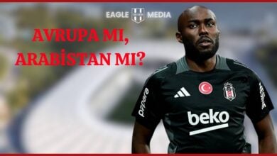 Beşiktaş formasıyla siyah arka planda görülen Al-Musrati ciddi bir ifadeyle poz veriyor. Görselin üst kısmında “Avrupa mı, Arabistan mı?” başlığı ve Eagle Media logosu yer alıyor.