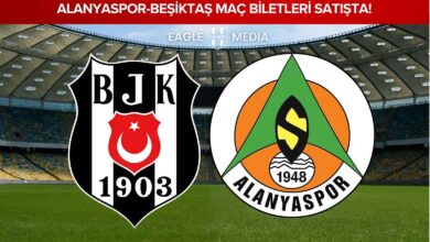 "Bir futbol stadyumu zemininde Beşiktaş ve Alanyaspor logolarının yan yana yer aldığı, üstte 'Alanyaspor - Beşiktaş Maç Biletleri Satışta!' başlıklı Eagle Media tasarımı görsel."