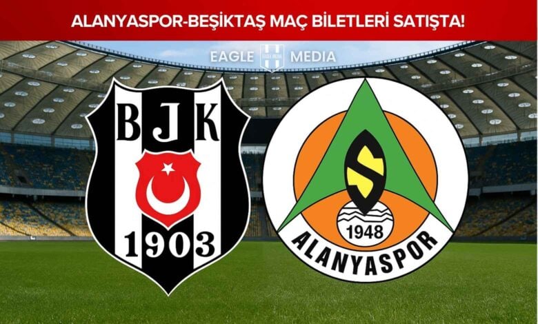 "Bir futbol stadyumu zemininde Beşiktaş ve Alanyaspor logolarının yan yana yer aldığı, üstte 'Alanyaspor - Beşiktaş Maç Biletleri Satışta!' başlıklı Eagle Media tasarımı görsel."