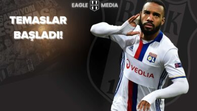 Beşiktaş forması arkada silüet olarak yer alırken, ön planda Olympique Lyon formasıyla Alexandre Lacazette'nin gol sevinci yaptığı bir görsel. Sol üstte “Temaslar Başladı!” ifadesi yer alıyor.