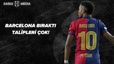 Sırtında 10 numaralı Barcelona formasıyla Ansu Fati arkası dönük şekilde görülüyor; sol üstte Eagle Media logosu, sağda “Barcelona bıraktı, talipleri çok!” başlığı yer alıyor.
