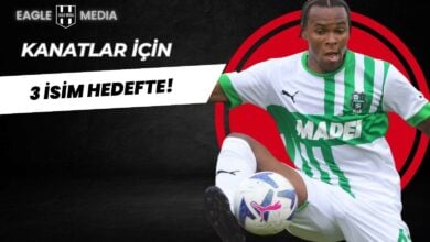 Sassuolo formasıyla top kontrol eden Armand Lauriente; arka planda siyah zemin, kırmızı daire ve “Kanatlar için 3 isim hedefte!” yazısı ile Eagle Media logosu yer almakta.