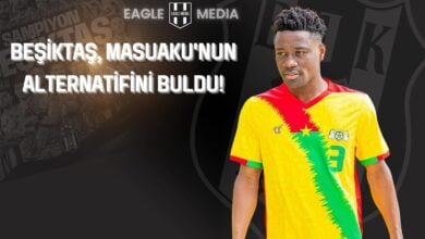 Beşiktaş’ın transfer listesine giren Burkina Fasolu sol bek Arsene Kouassi, milli takım formasıyla poz verirken; arka planda Beşiktaşlı futbolcular ve Eagle Media logosu yer alıyor.