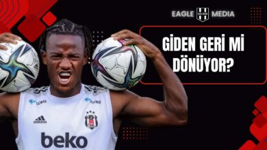 Beşiktaş formasıyla iki elinde futbol topu tutarak poz veren Michy Batshuayi, hırslı bir ifadeyle kameraya bakıyor. Sağ üst köşede “Giden Geri mi Dönüyor?” başlığı ve Eagle Media logosu yer alıyor.