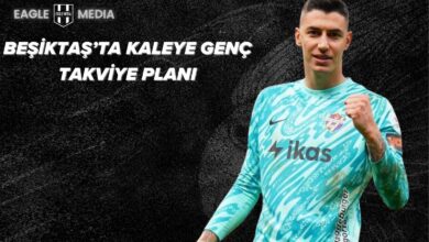 Siyah arka plan üzerinde “Beşiktaş’ta Kaleye Genç Takviye Planı” başlığı, sağda Eyüpspor formasıyla yer alan kaleci Berke Özer’in yumruk sıkmış coşkulu pozu. Görsel, Beşiktaş’ın genç kaleci transferi gündemini temsil ediyor.