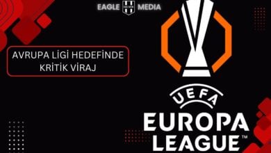 UEFA Avrupa Ligi logosu ve siyah zemin üzerine kırmızı çerçevede “Avrupa Ligi Hedefinde Kritik Viraj” yazısı bulunan görsel; sağ üstte Eagle Media logosu yer alıyor.