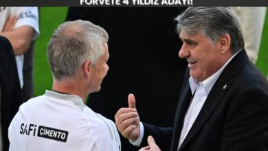 Beşiktaş Teknik Direktörü Ole Gunnar Solskjaer ve Başkan Hasan Arat, forvet transferi planlaması kapsamında saha kenarında sohbet ederken. Üst kısımda “Forvete 4 Yıldız Adayı” başlığı yer alıyor.