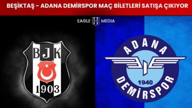 Beşiktaş ve Adana Demirspor kulüp logoları ile birlikte, Beşiktaş – Adana Demirspor maç biletlerinin yarın satışa çıkacağını duyuran görsel.