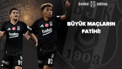 Beşiktaşlı futbolcular Gedson Fernandes ve Mustafa Hekimoğlu, Fenerbahçe galibiyetinin ardından sevinç yaşarken; görselde “Büyük Maçların Fatihi!” ifadesi yer alıyor.