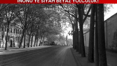 Beşiktaş semtindeki nostaljik ağaçlı yolun siyah-beyaz fotoğrafı. Üstte “İnönü’ye Siyah Beyaz Yolculuk!” başlığı ve Eagle Media logosu yer alıyor; yürüyüşün yapılacağı rota tarihi atmosferiyle dikkat çekiyor.