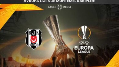 Beşiktaş logosu ve UEFA Avrupa Ligi kupası görselde öne çıkıyor. Arka planda dolu bir stadyum atmosferi yer alırken, üst kısımda “Avrupa Ligi’nde Muhtemel Rakipler!” başlığı dikkat çekiyor. Görsel, Beşiktaş’ın UEFA Avrupa Ligi play-off etabındaki olası rakiplerini vurguluyor.