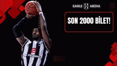 Beşiktaş Fibabanka basketbolcusu siyah-beyaz formayla smaç yaparken; sağ tarafta “Son 2000 Bilet!” ifadesiyle maç biletleri için çağrı görseli.