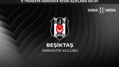 Beşiktaş kulübünün siyah fon üzerindeki klasik arması ve altında “Beşiktaş Jimnastik Kulübü” yazısının yer aldığı resmi açıklama görseli. Üstte “O transfer hakkında resmi açıklama geldi!” başlığı ve Eagle Media logosu yer almakta.