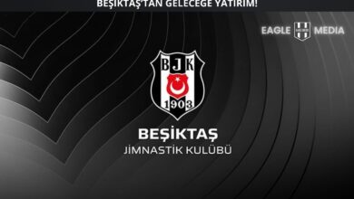 Siyah arka plan üzerinde Beşiktaş JK logosu, üstte “Beşiktaş’tan Geleceğe Yatırım!” sloganı ve sağ üstte Eagle Media logosu yer alıyor; altyapı yatırımları ve spor okulları projesine vurgu yapan tanıtım görseli.