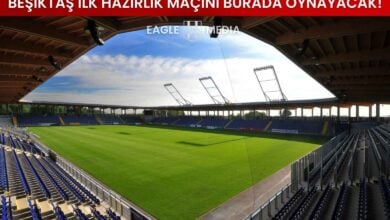Avusturya’da bulunan SKN St. Pölten’in NV Arena Stadyumu’nun geniş açılı iç mekan fotoğrafı. Üst kısımda kırmızı bantta “Beşiktaş İlk Hazırlık Maçını Burada Oynayacak!” başlığı yer almakta. Görsel, Beşiktaş’ın 2025 yaz kampındaki hazırlık maçının oynanacağı stadı göstermektedir.
