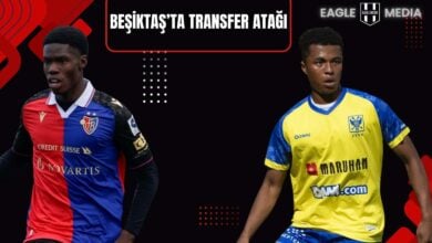 Beşiktaş’ın transfer hedefindeki oyuncular Joel Chima Fujita (STVV) ve Thierno Barry (Basel formasıyla) saha içinde forma giyerken; görselde “Beşiktaş’ta Transfer Atağı” yazısı yer alıyor.