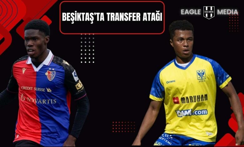 Beşiktaş’ın transfer hedefindeki oyuncular Joel Chima Fujita (STVV) ve Thierno Barry (Basel formasıyla) saha içinde forma giyerken; görselde “Beşiktaş’ta Transfer Atağı” yazısı yer alıyor.