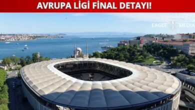 Boğaz manzarası eşliğinde Beşiktaş Tüpraş Stadyumu’nun havadan çekilmiş genel görünümü. Üstte “Avrupa Ligi Final Detayı!” başlığı ve sağ üstte Eagle Media logosu yer alıyor.