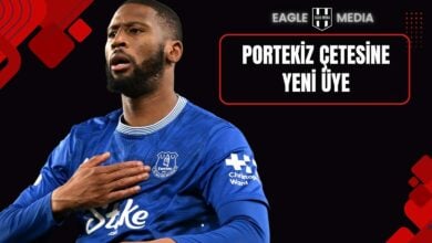 Everton formasıyla maçta mücadele eden Portekizli santrfor, göğsüne elini koymuş şekilde görüntüleniyor. Sağ üst köşede “Portekiz Çetesine Yeni Üye” başlığı ve Eagle Media logosu bulunuyor. Görsel, Beşiktaş’ın Portekizli oyunculara yönelik yeni transfer girişimini simgeliyor.