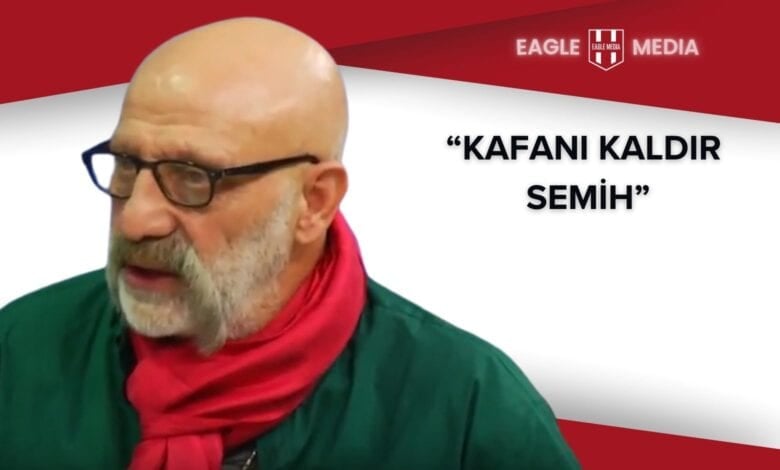 Milliyet yazarı Bilal Meşe, Beşiktaş'ın genç yıldızı Semih Kılıçsoy'a hitaben "Kafanı kaldır Semih" mesajını verdiği görsel; arka planda kırmızı-beyaz zemin ve Eagle Media logosu ile desteklenmiş tasarım.
