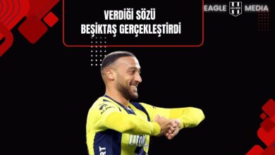 Sarı-lacivertli Fenerbahçe formasıyla gol sevinci yaşayan Cenk Tosun siyah fon üzerine yerleştirilmiş. Üst kısımda “Verdiği Sözü Beşiktaş Gerçekleştirdi” başlığı ve Eagle Media logosu bulunuyor. Görsel, Cenk Tosun’un Fenerbahçe kariyerindeki gol sessizliğine ve Beşiktaş’ın Kadıköy’deki galibiyetine göndermede bulunuyor.
