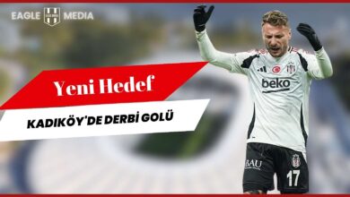 Beşiktaş forması giyen Ciro Immobile, gol sevinci yaşarken görülüyor. Görselde “Yeni Hedef: Kadıköy’de Derbi Golü” yazısı yer alıyor.