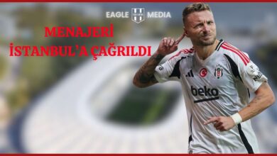 Beşiktaş forması giyen Ciro Immobile, sahada elini kulağına götürerek sevincini paylaşıyor. Görselin üst kısmında “Menajeri İstanbul’a Çağrıldı” yazısı ve Eagle Media logosu yer alıyor.